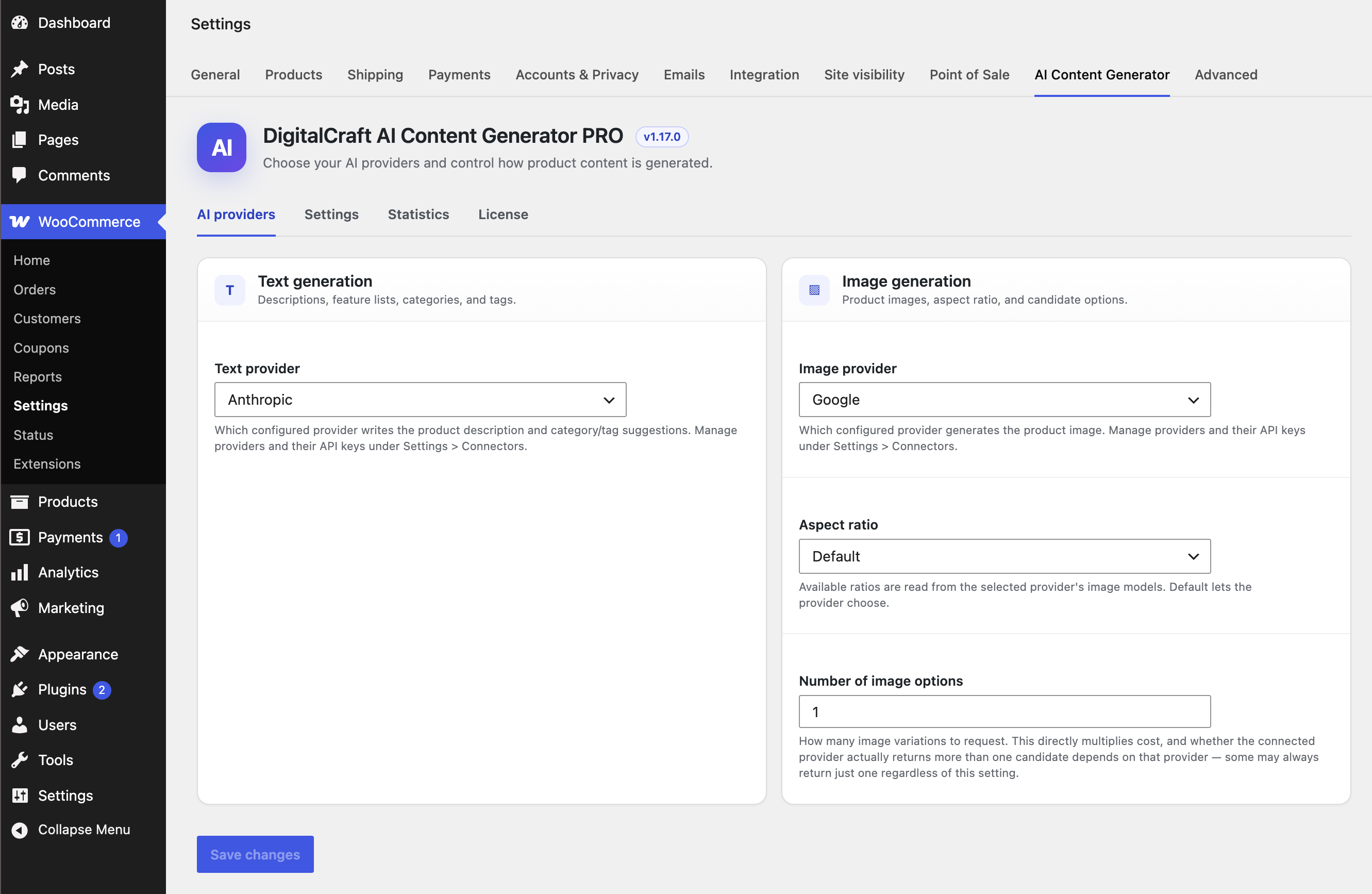 AI providers tab — choosing connected text and image providers