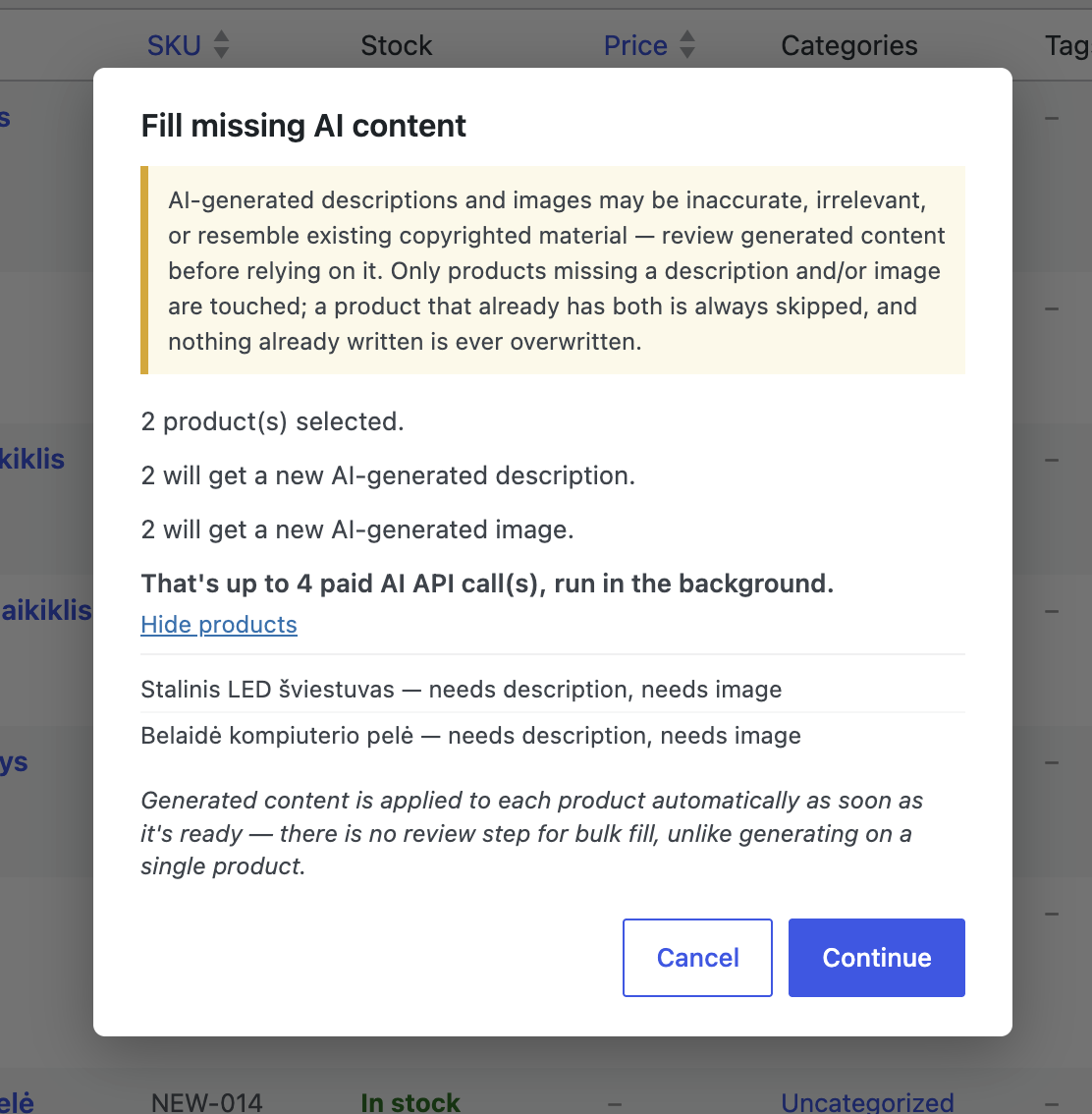 Bulk-fill confirmation dialog