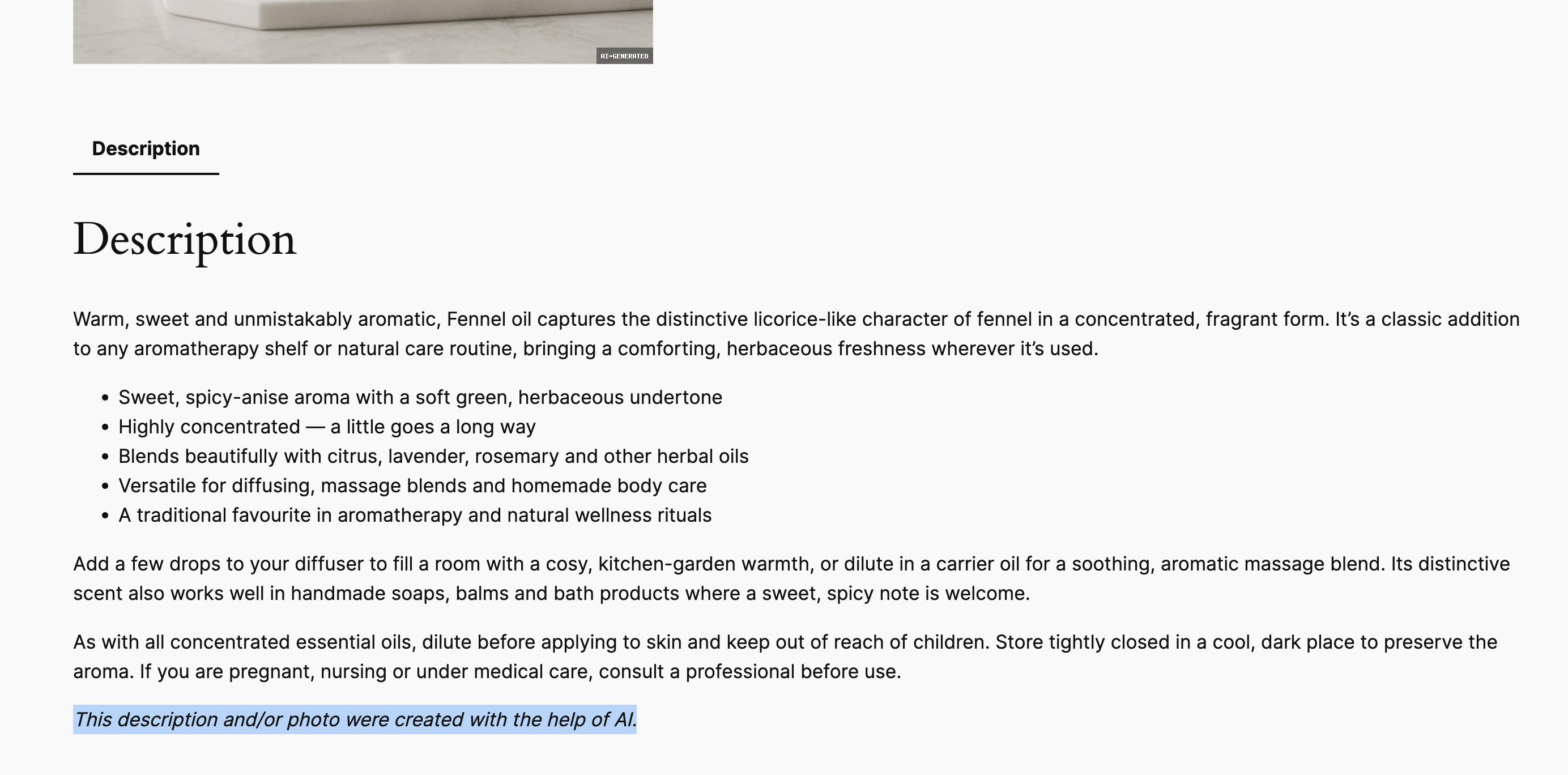 AI content disclosure note on the product frontend