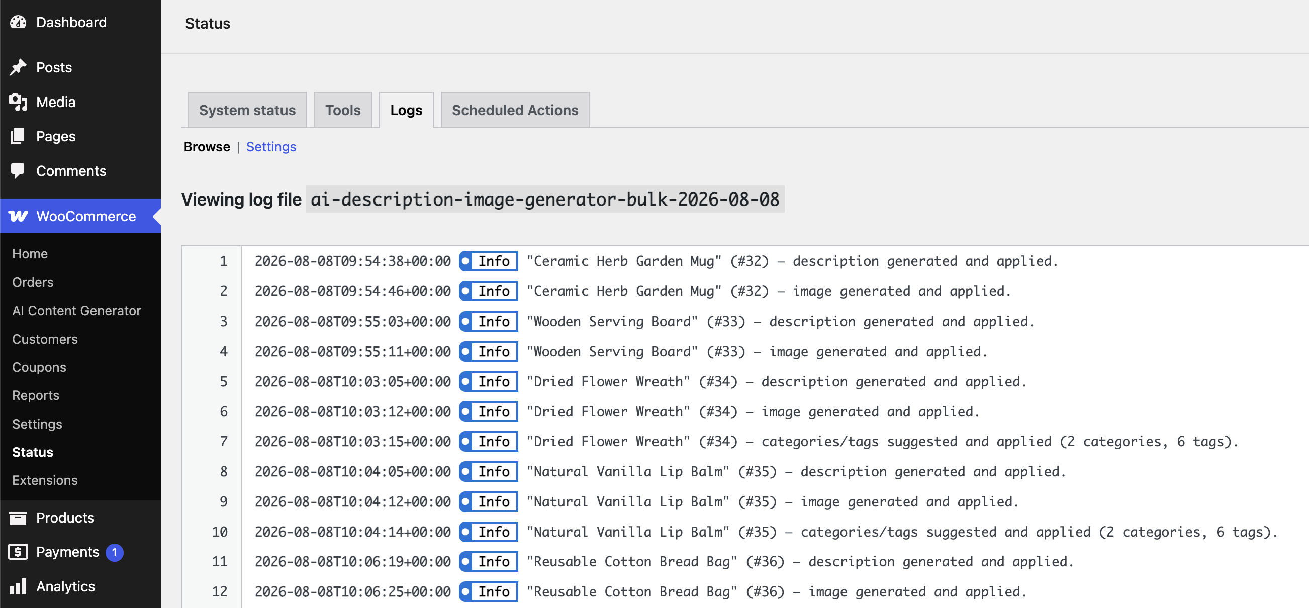 WooCommerce status logs