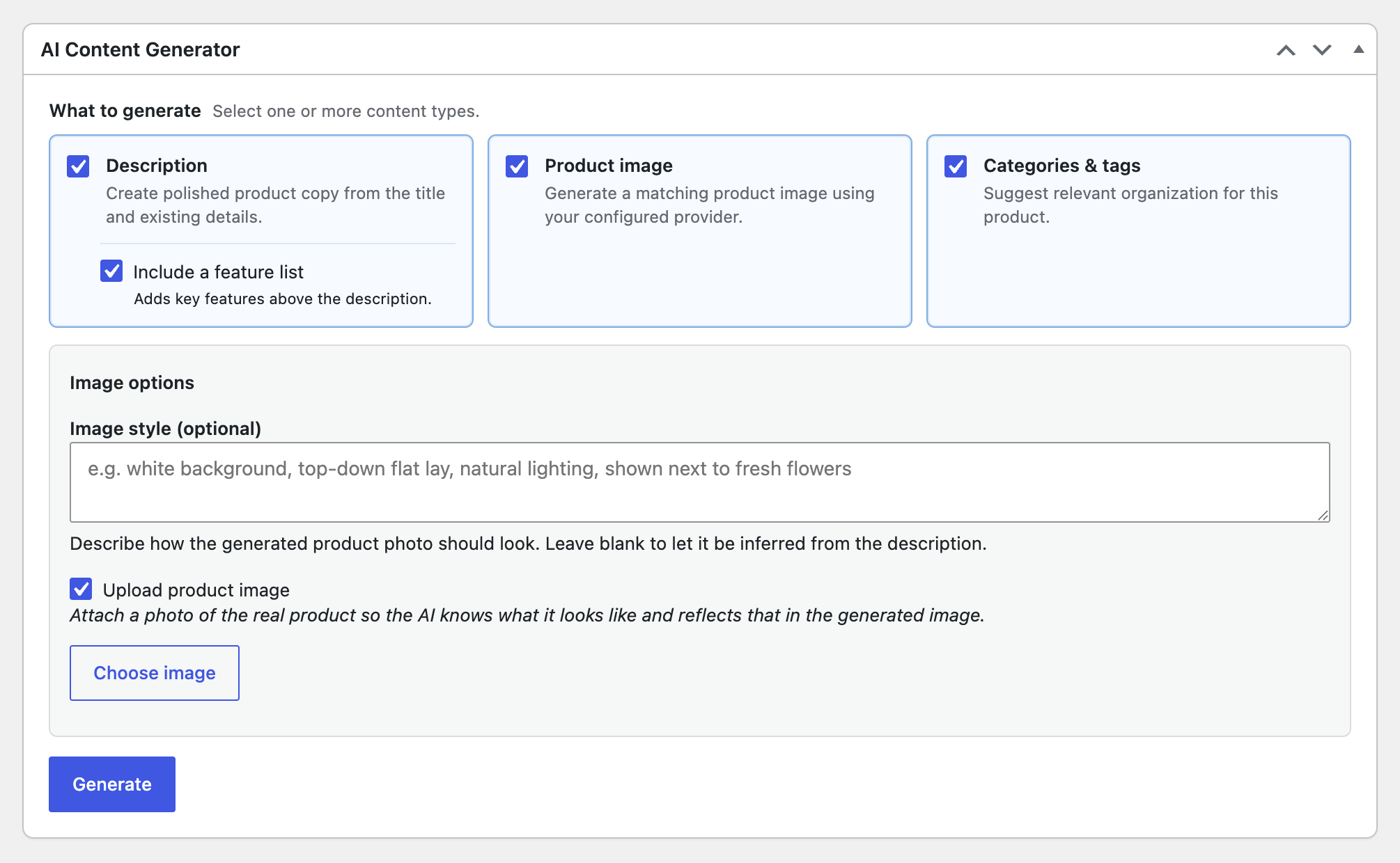 Choosing what to generate on the product edit screen