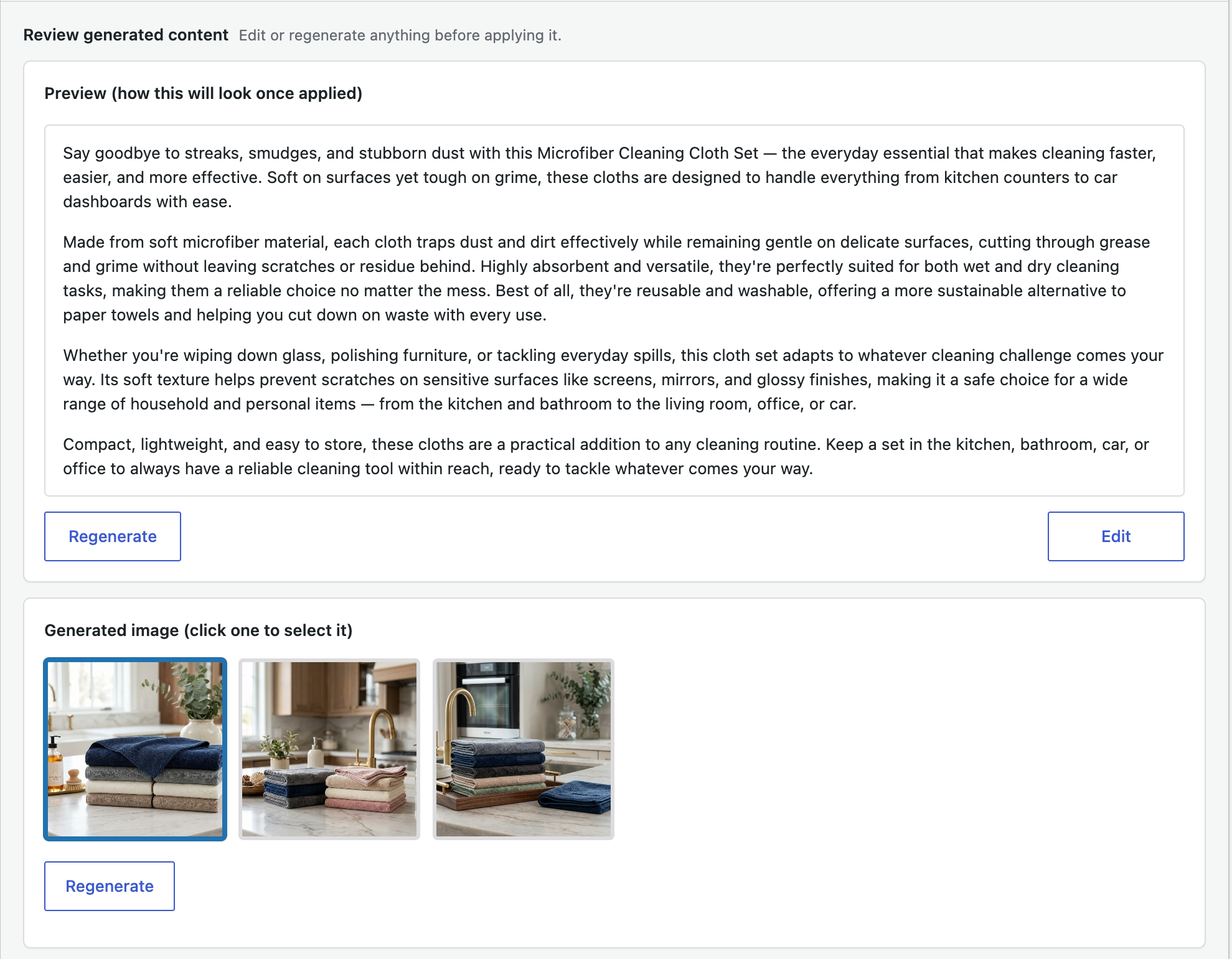 Reviewing generated description, image candidates, category suggestions, and the apply panel